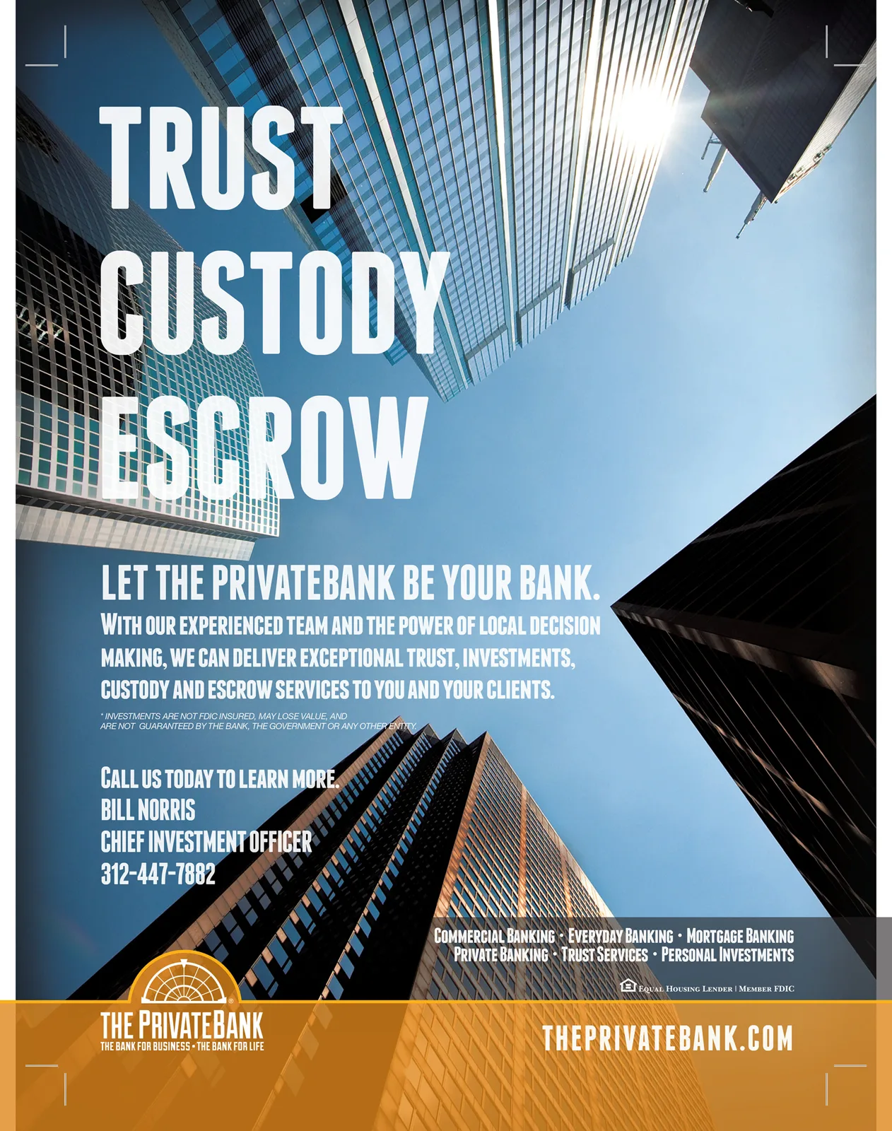 Trust, custody, and escrow ad looking up between two glass towers