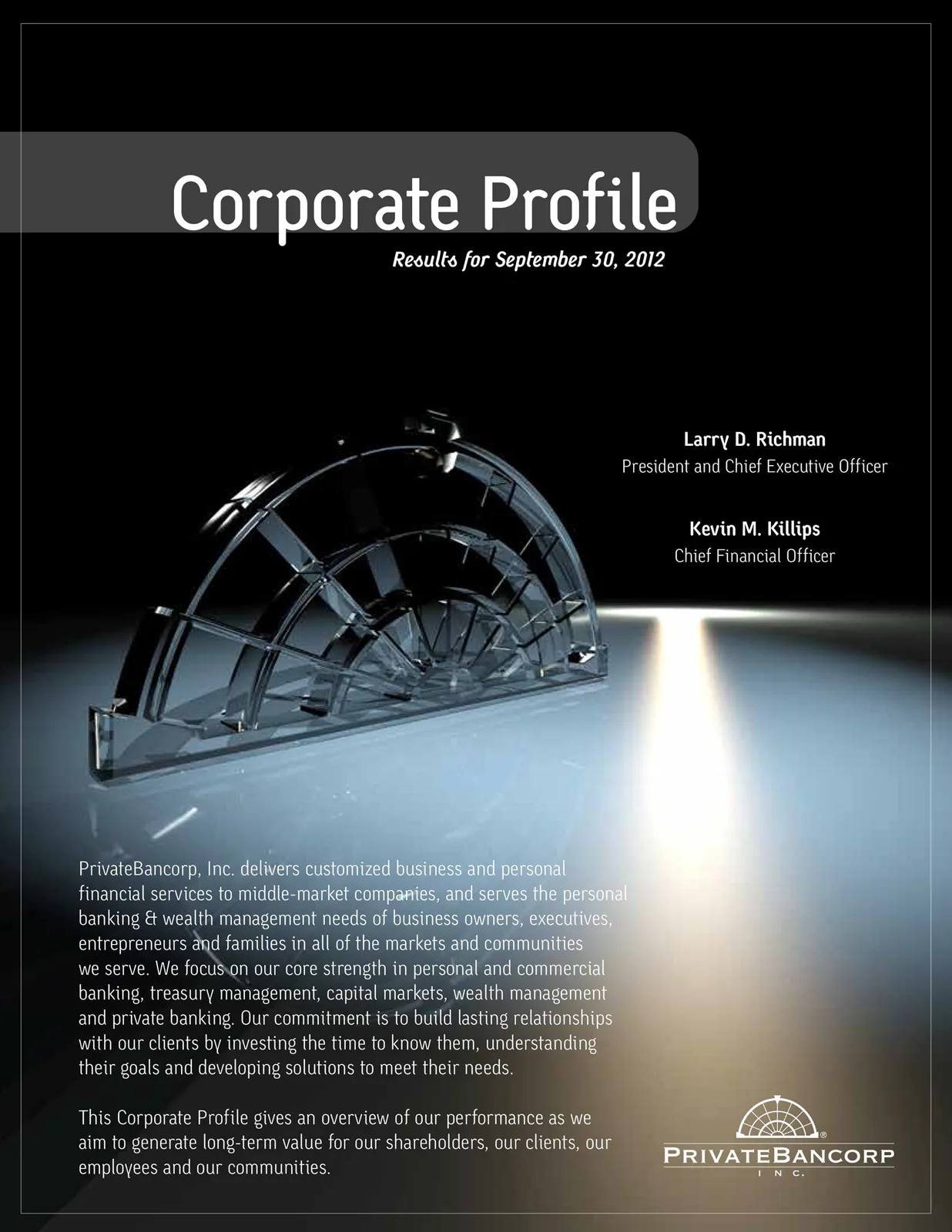 PrivateBancorp corporate profile cover with a glass and steel architectural detail