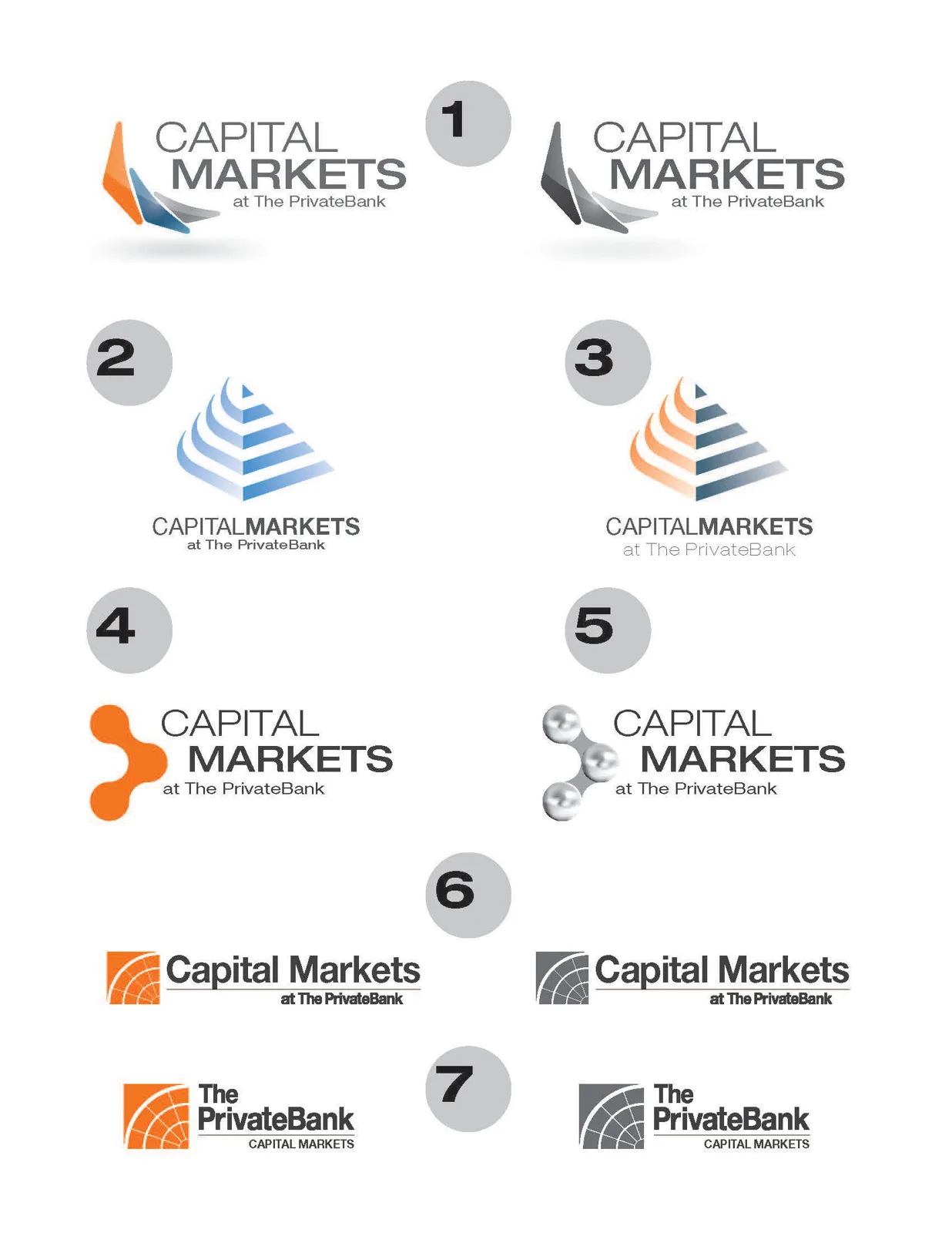 Seven logo explorations for The PrivateBank Capital Markets group