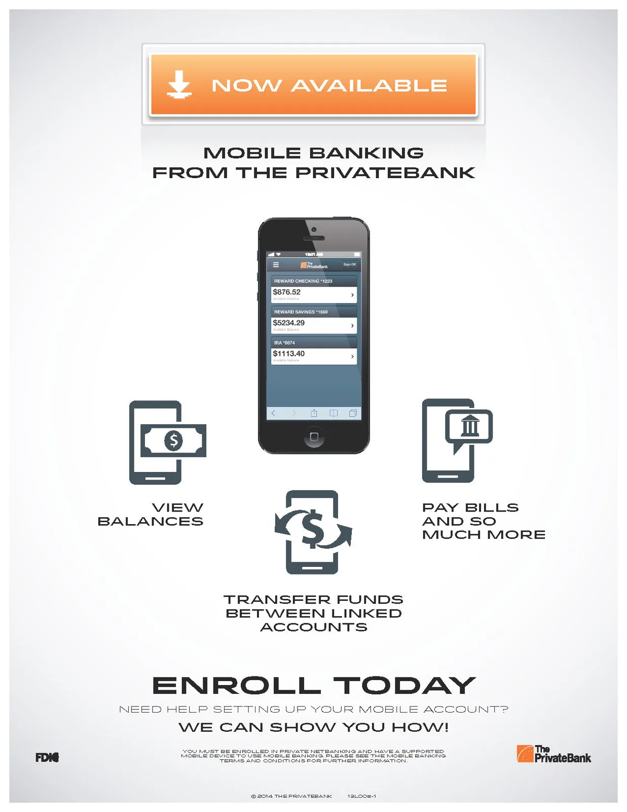 Mobile banking launch poster with a phone illustration and three steps