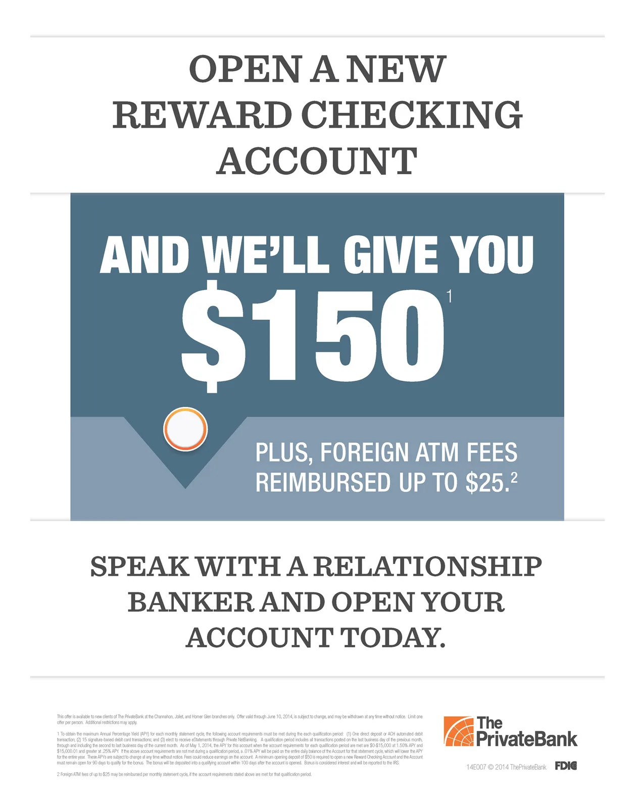 Reward checking direct mail piece offering one hundred fifty dollars